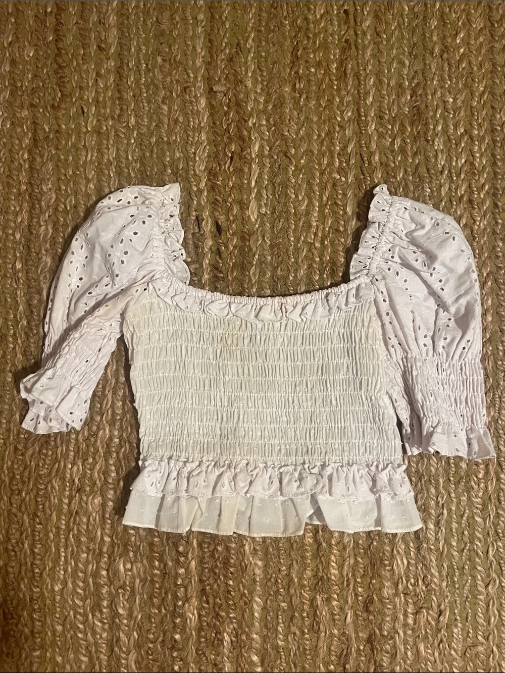 Misa Los Angeles White Smocked Eyelet Crop Top